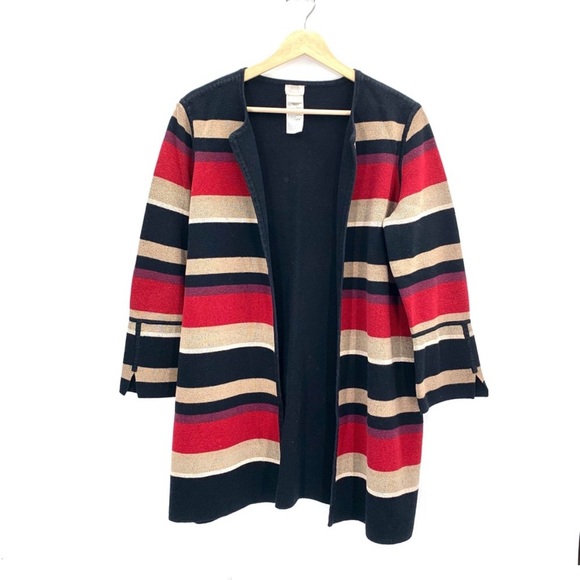 Chico’s 2 Black, Tan and Red Striped Long Sweater Jacket - Picture 2 of 9